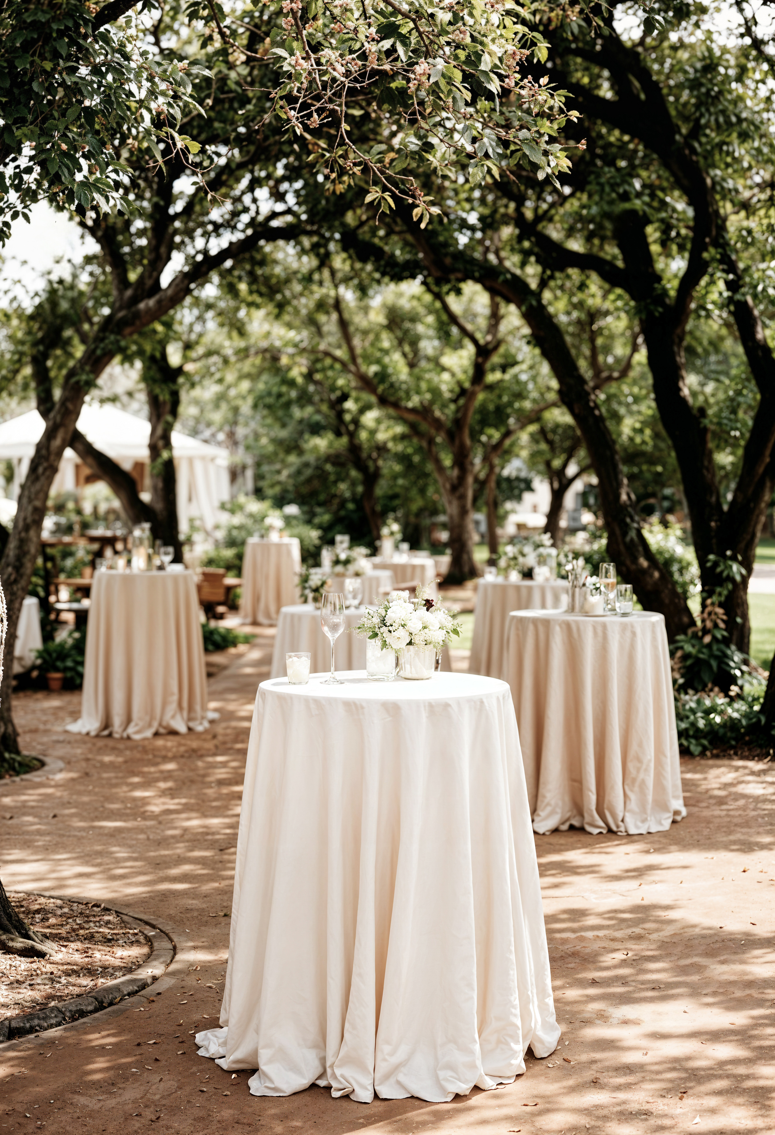 White high-peak event tent set up for an outdoor reception