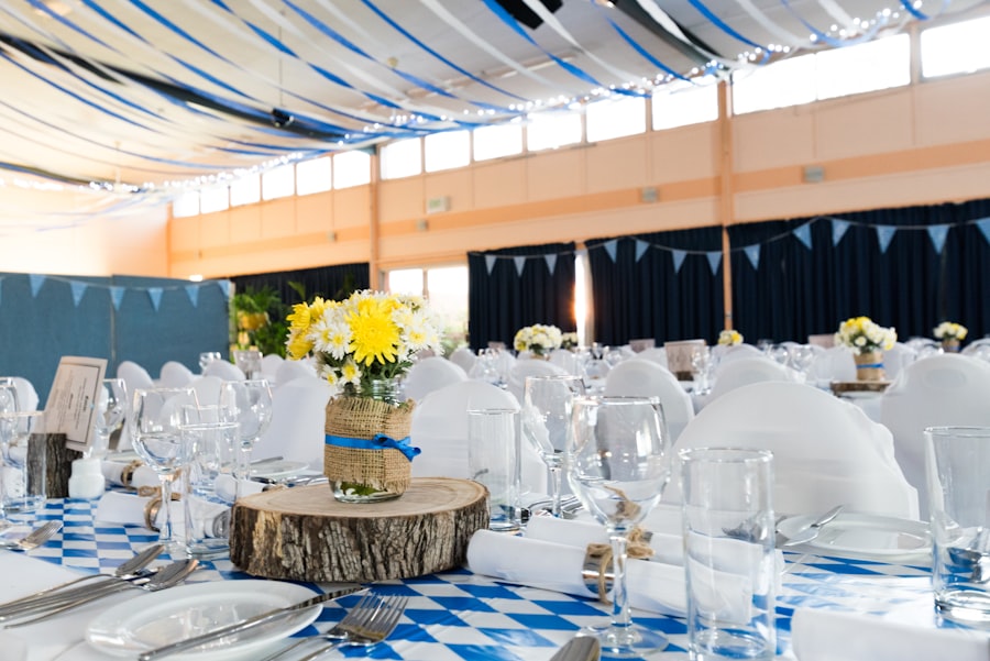 Elegantly set round tables at an outdoor reception