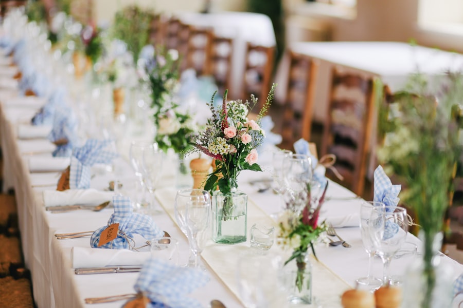 Elegant white linen table settings at a wedding reception